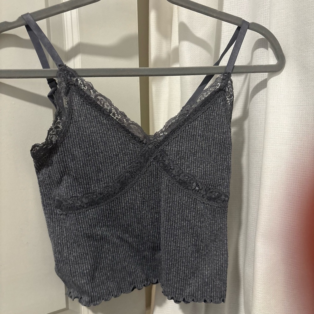 Navy Ribbed Lace Trim Cami Top